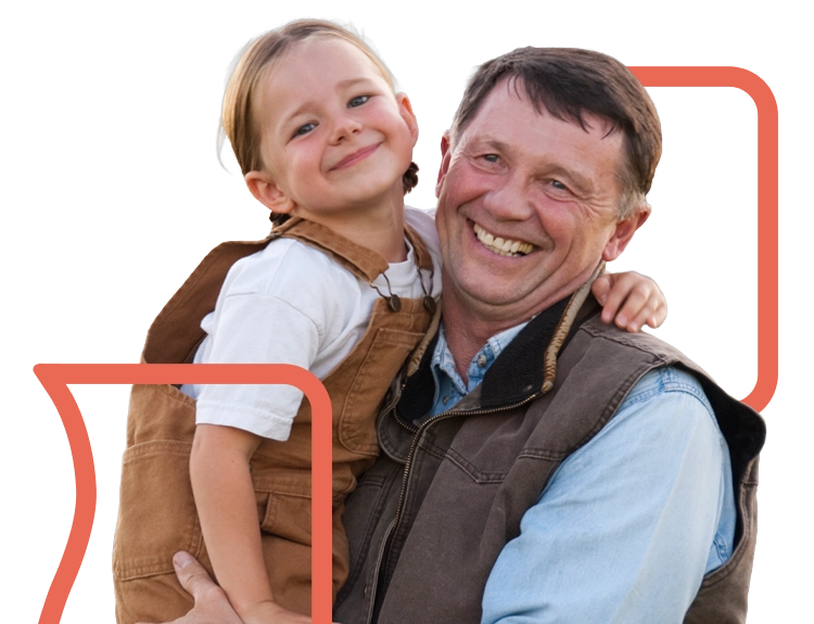 About Us 1 Middle-aged father or grandfather holding a child on their hip while smiling