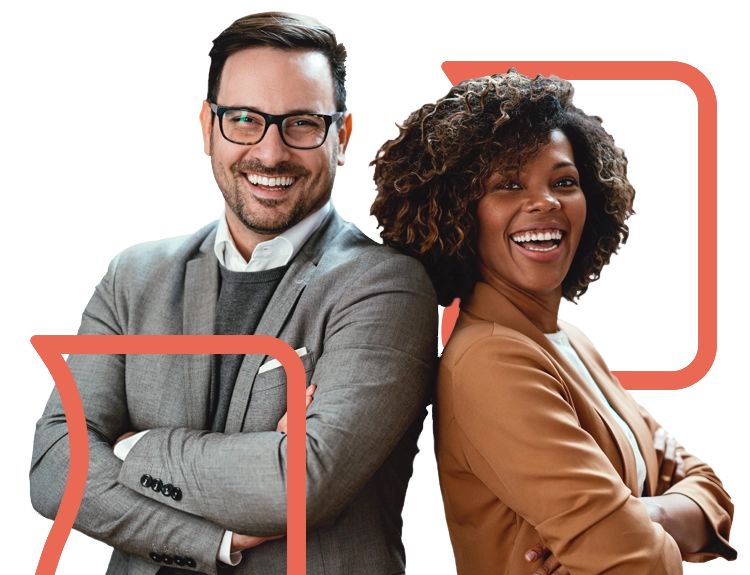 Middle-aged adult mal and middle-aged adult female stand back-to-back while smiling