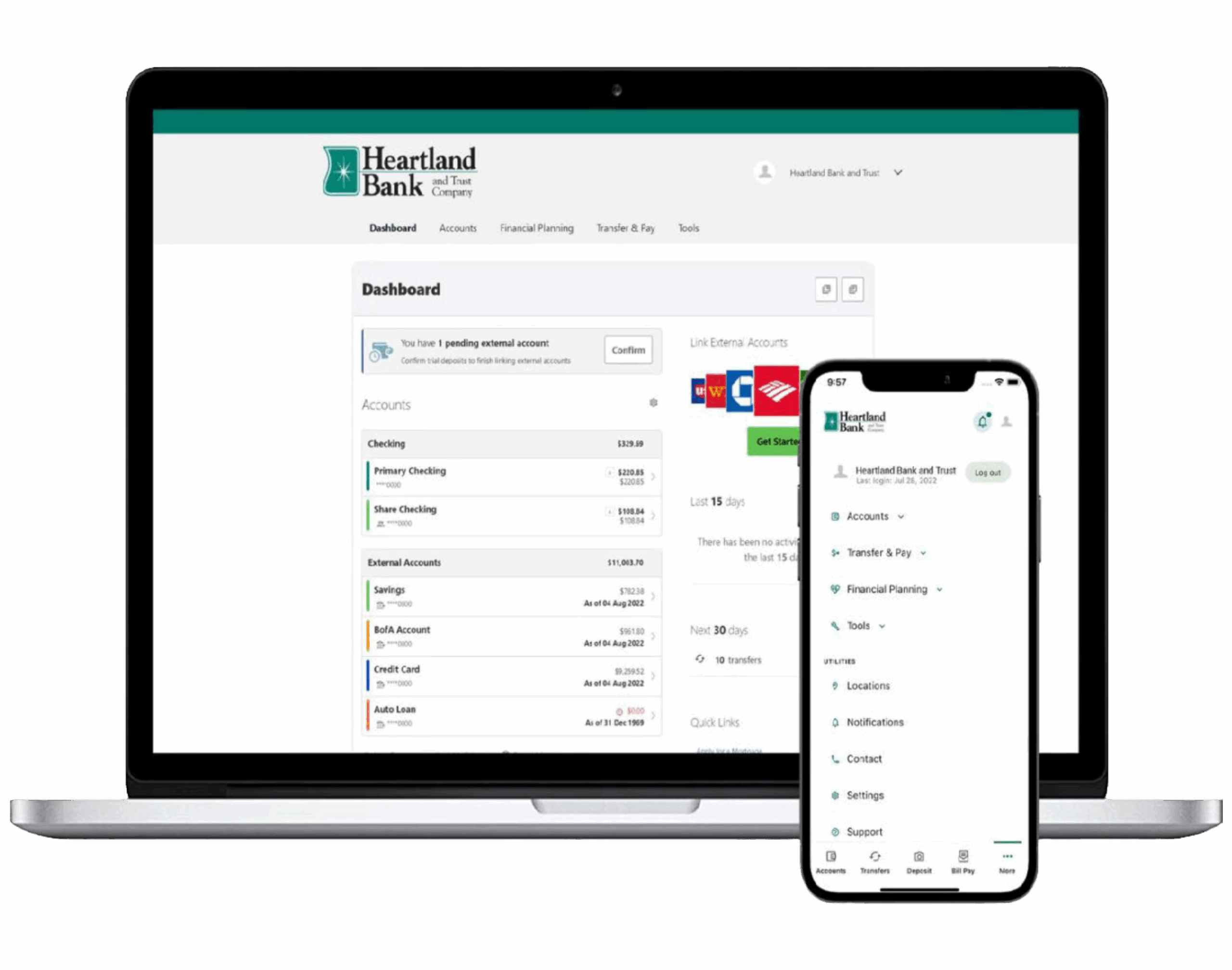 Laptop and smartphone displaying Heartland Bank's online banking dashboard. The interface shows account summaries and navigation menus on both devices.