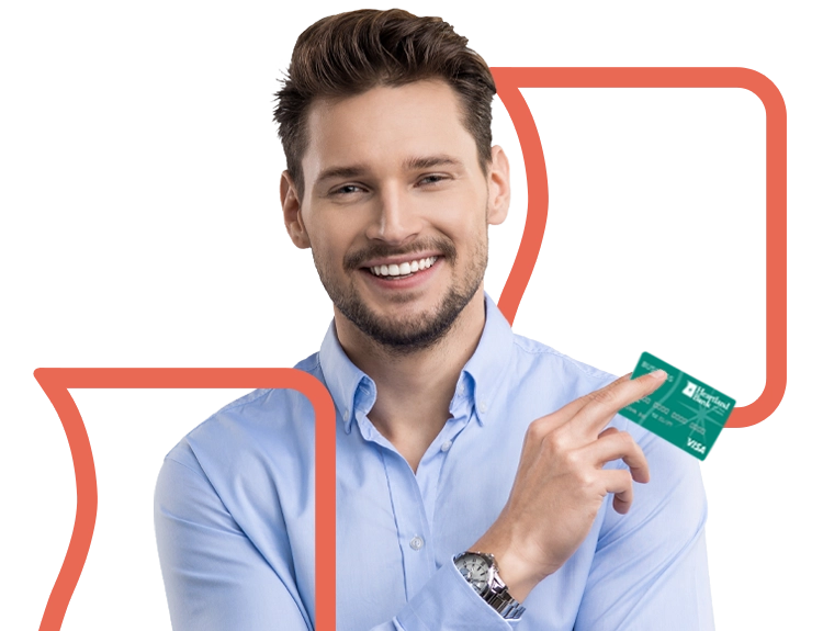 Young adult man holding Heartland Bank and Trust Company Credit Card