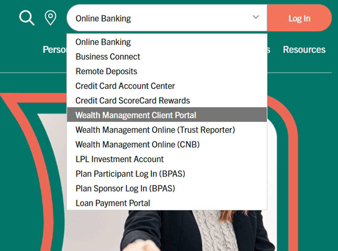 Online Wealth Management Portal Updates 7 Wealth Management Client Portal highlighted in log in dropdown