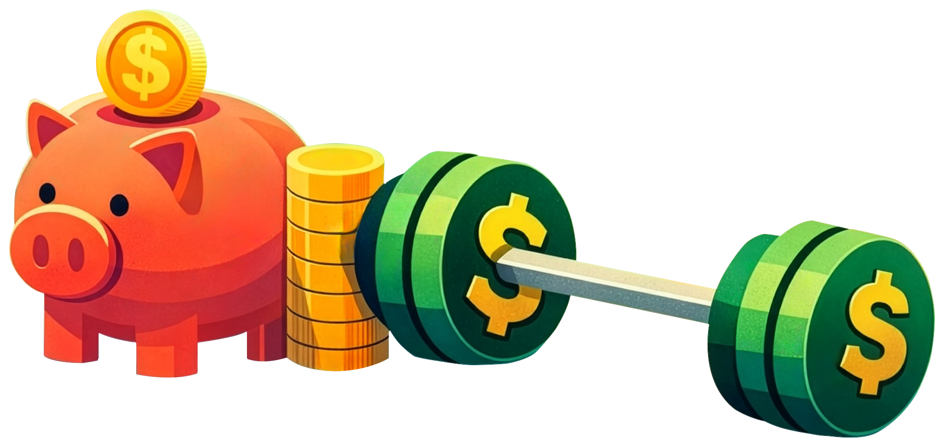 Checking Event 3 Illustration of a piggy bank, a stack of coins, and weightlifting barbell